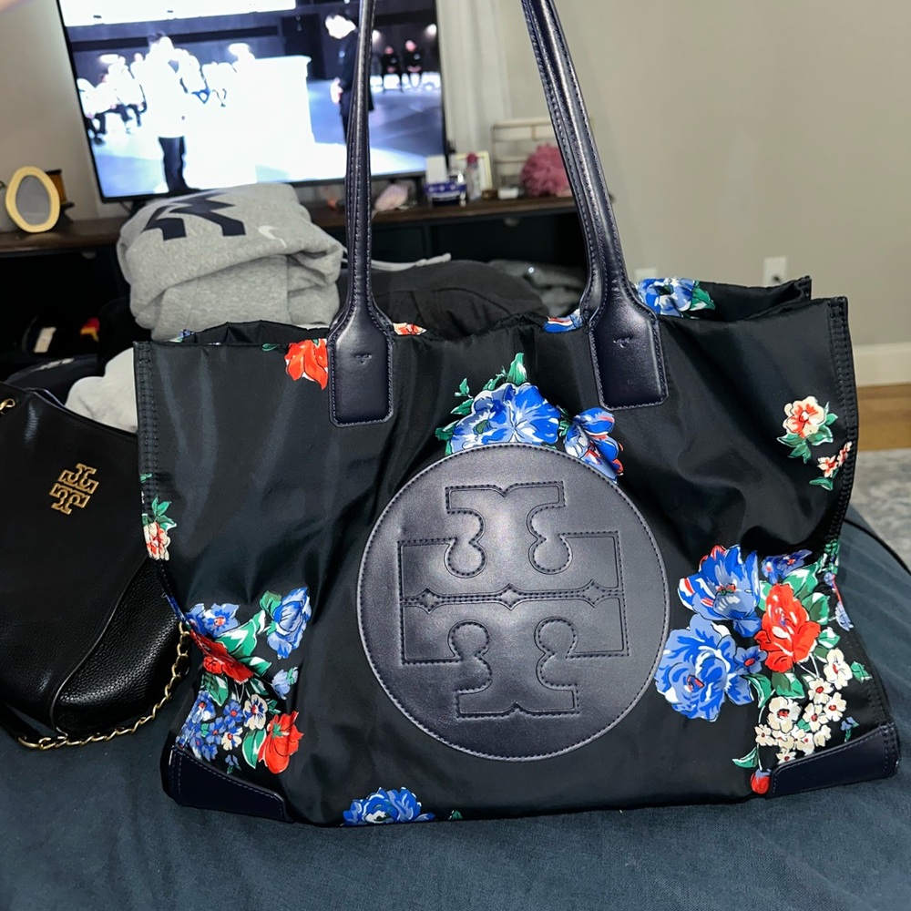 Tory Burch Navy Tote with Blue and Red Floral Accents